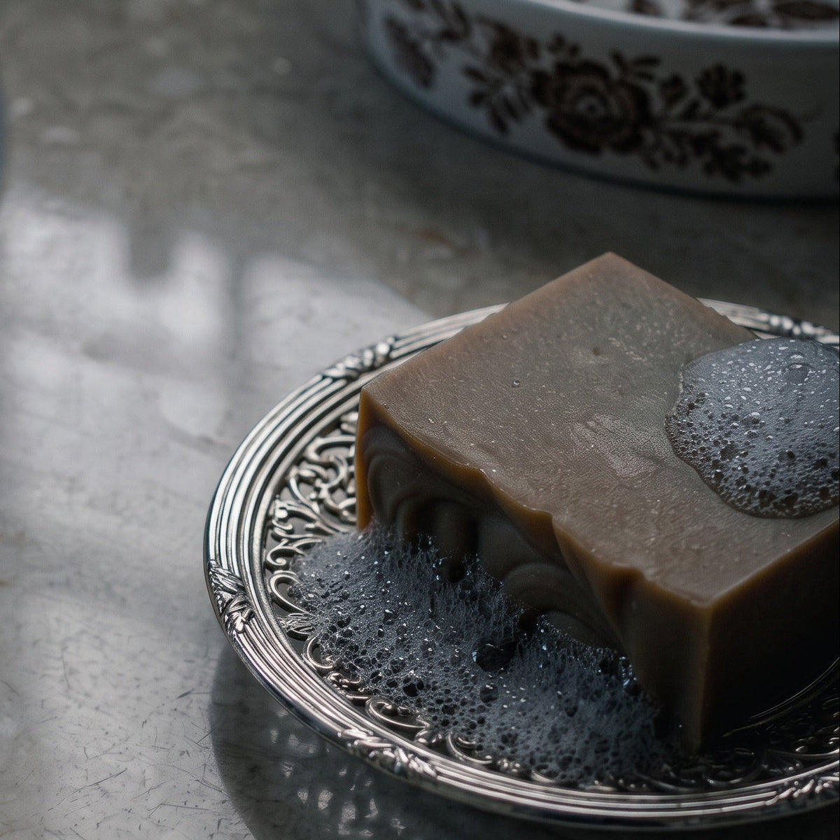 A rectangular bar of brown soap with dark lather sits on an ornate silver dish on a gray marble surface, with a matching floral bowl blurred in the background.