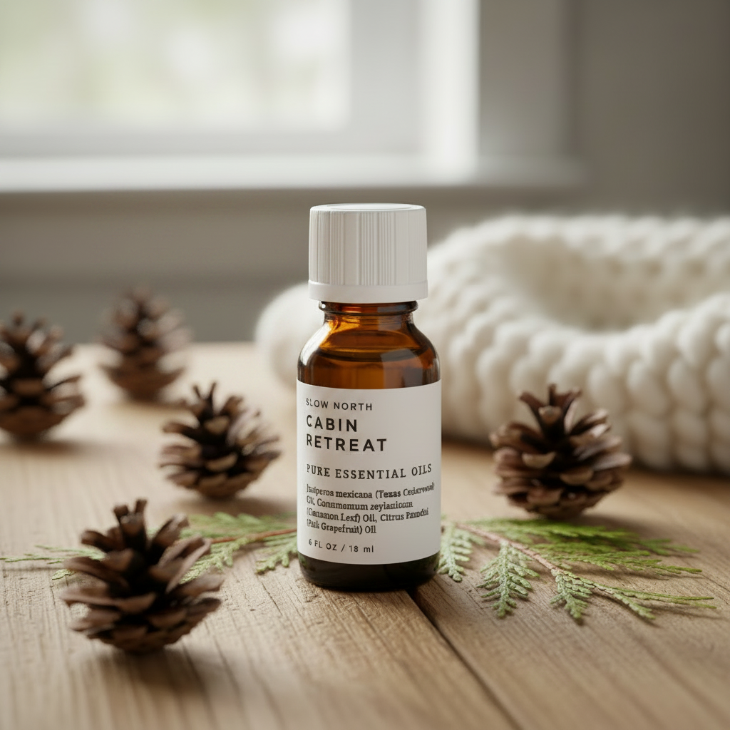 Essential oil bottle labeled 'Cabin Retreat' in a cozy background with pinecones