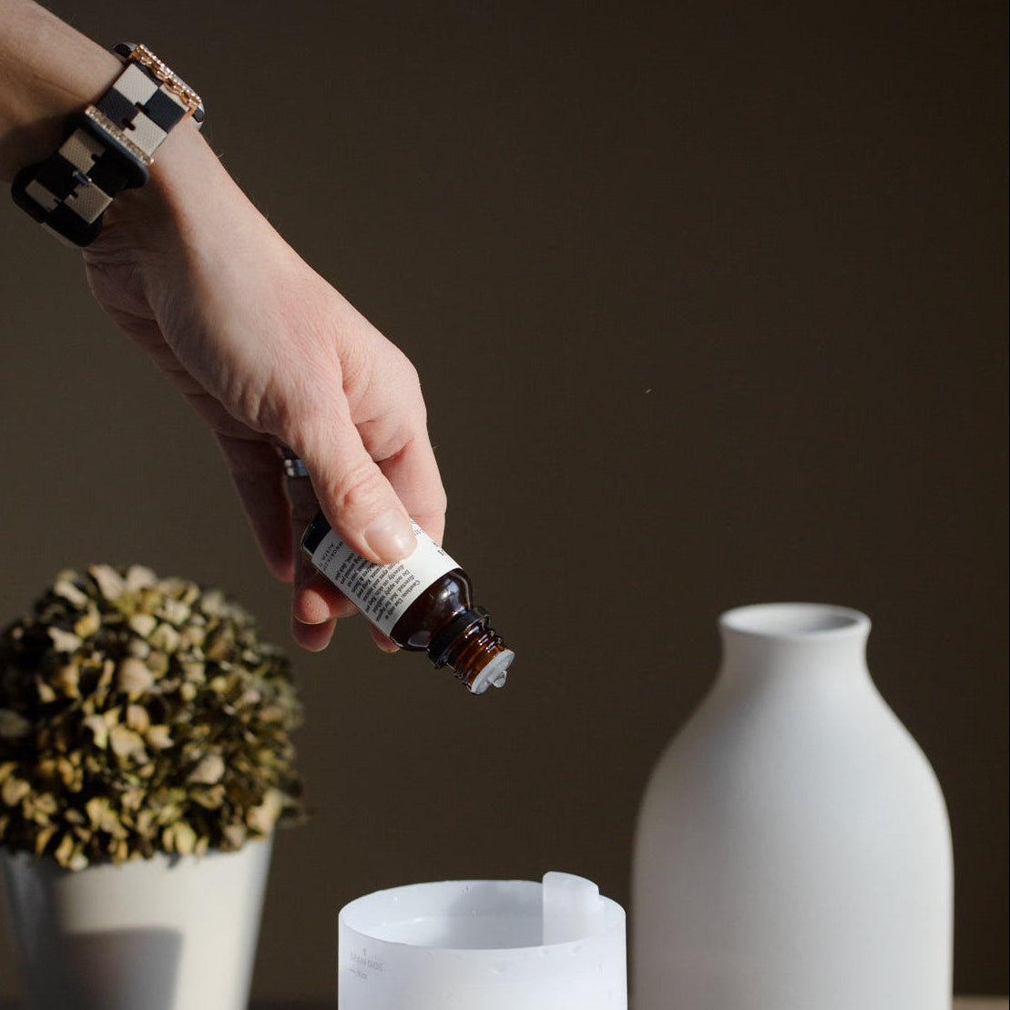 Hand holding a dropper bottle over a diffuser with a vase and plant in the background.