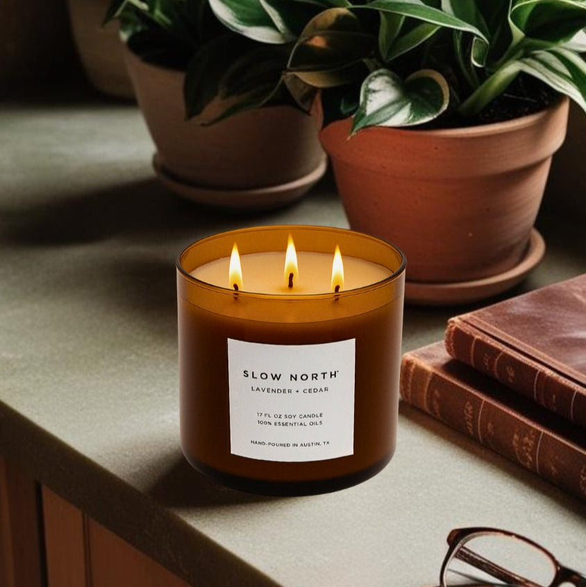 large amber candle with 3 wicks by Slow North