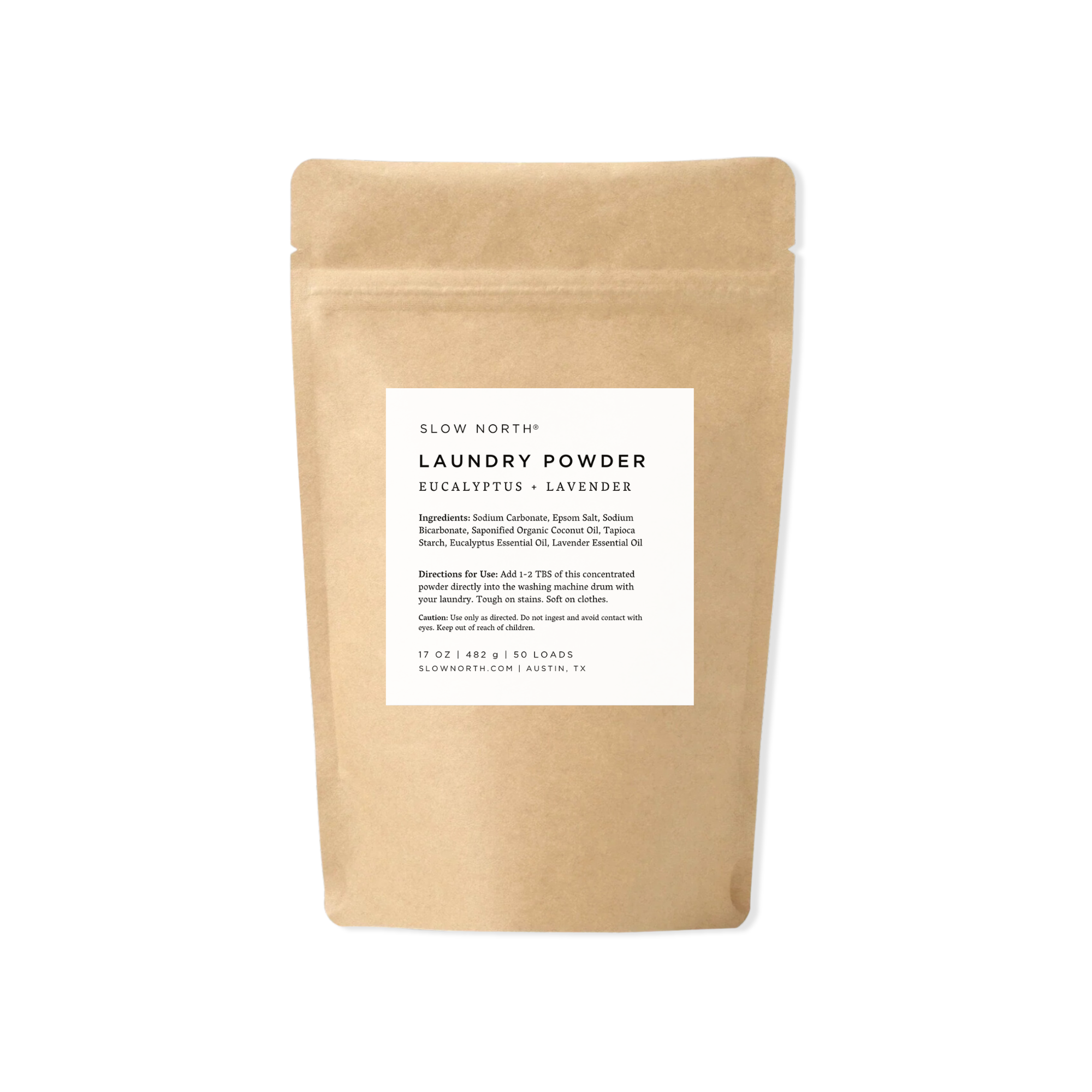 Kraft paper bag of laundry powder with a label on a white background