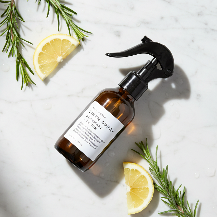 Linen Spray - Rosemary + Lemon in 4 ounce amber bottle by Slow North
