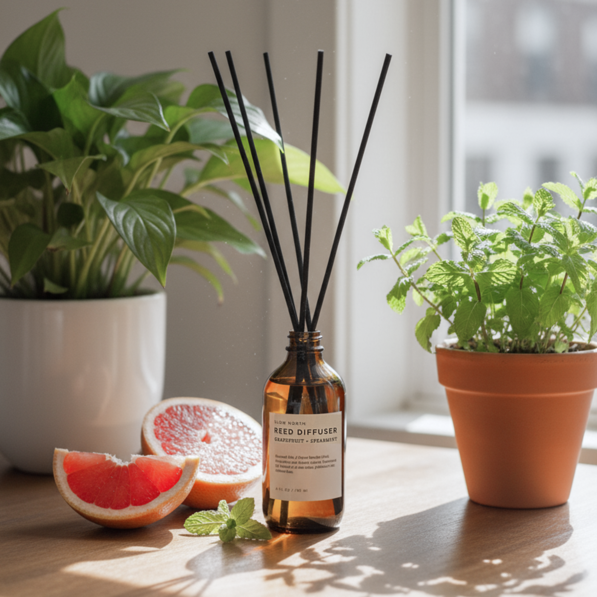 Reed diffuser with plants and a sliced grapefruit on a wooden surface