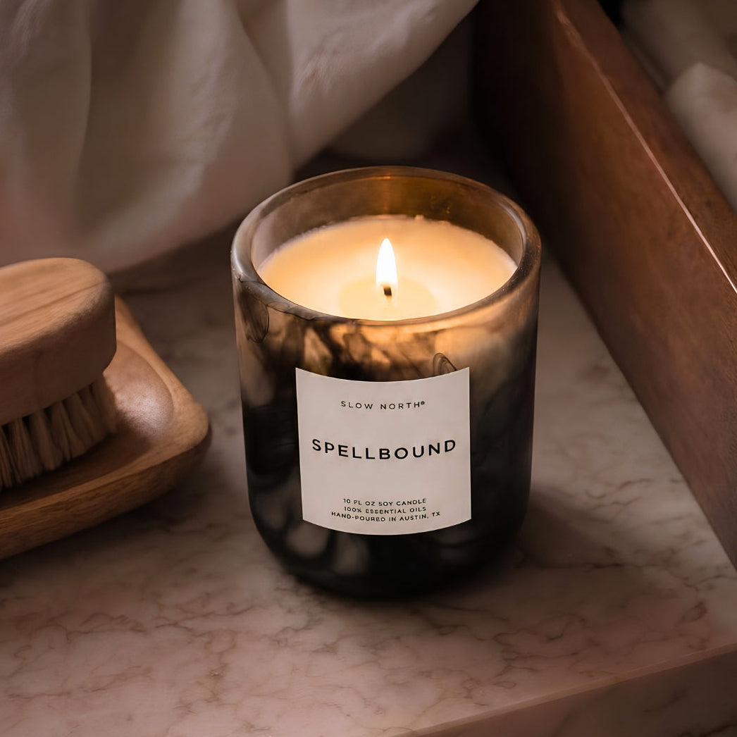 Halloween candle on a marble counter top