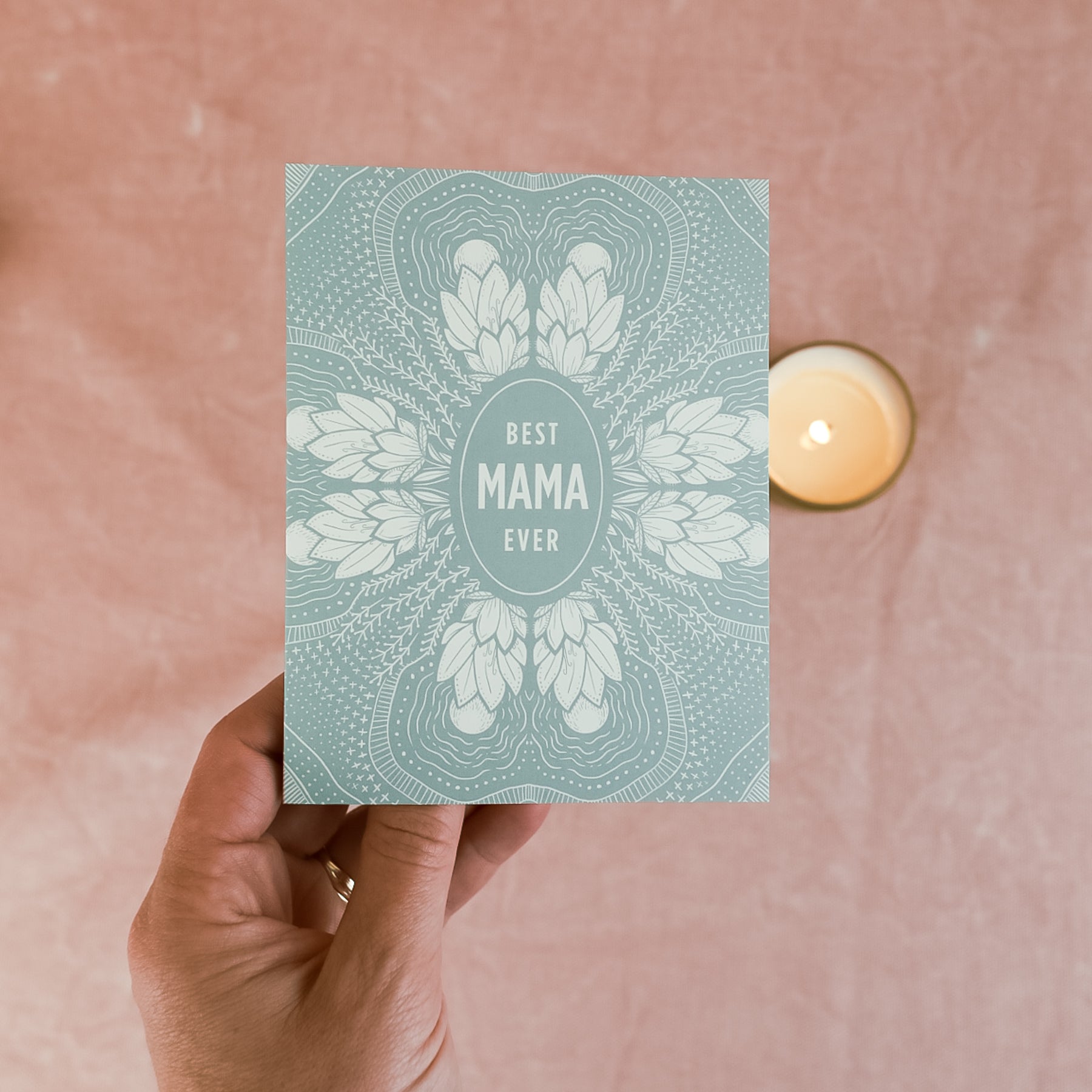 Sea-foam green with floral design Hand drawn 4.25" x 5.5" print greeting card. Best Mama Ever Card by Slow North