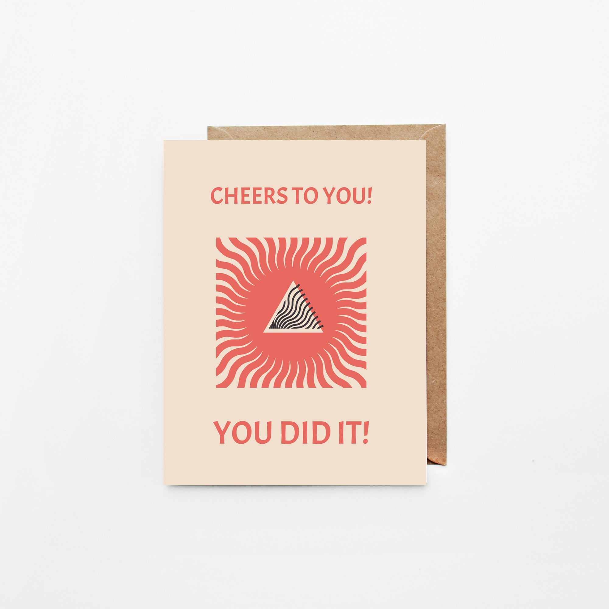 Tan background and red square and open triangle graphic. Hand drawn 4.25" x 5.5" print greeting card. Cheers to You Card by Slow North