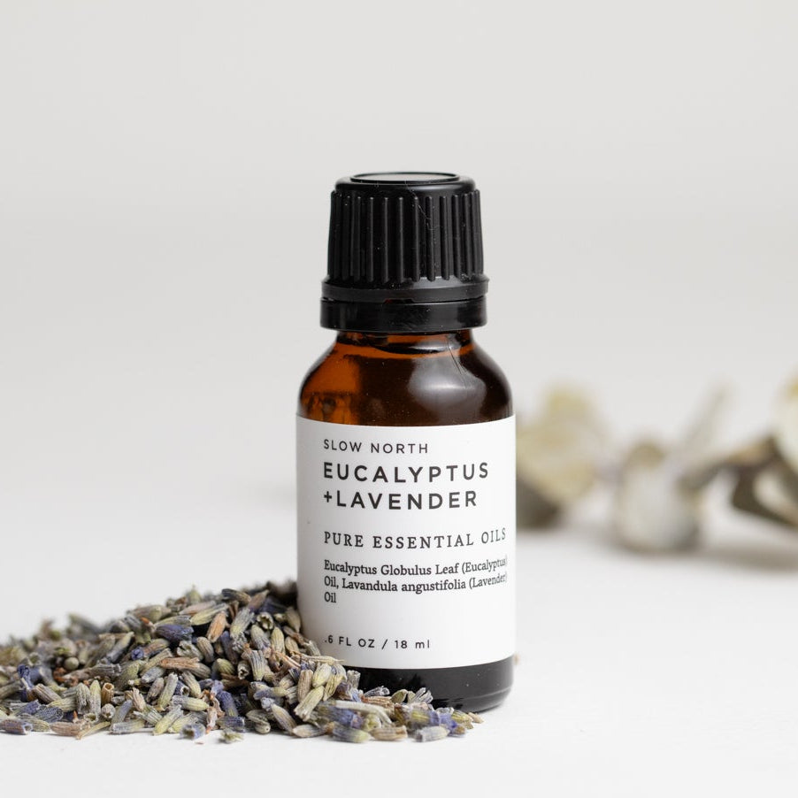 Essential oil bottle labeled 'Eucalyptus + Lavender' on a white background