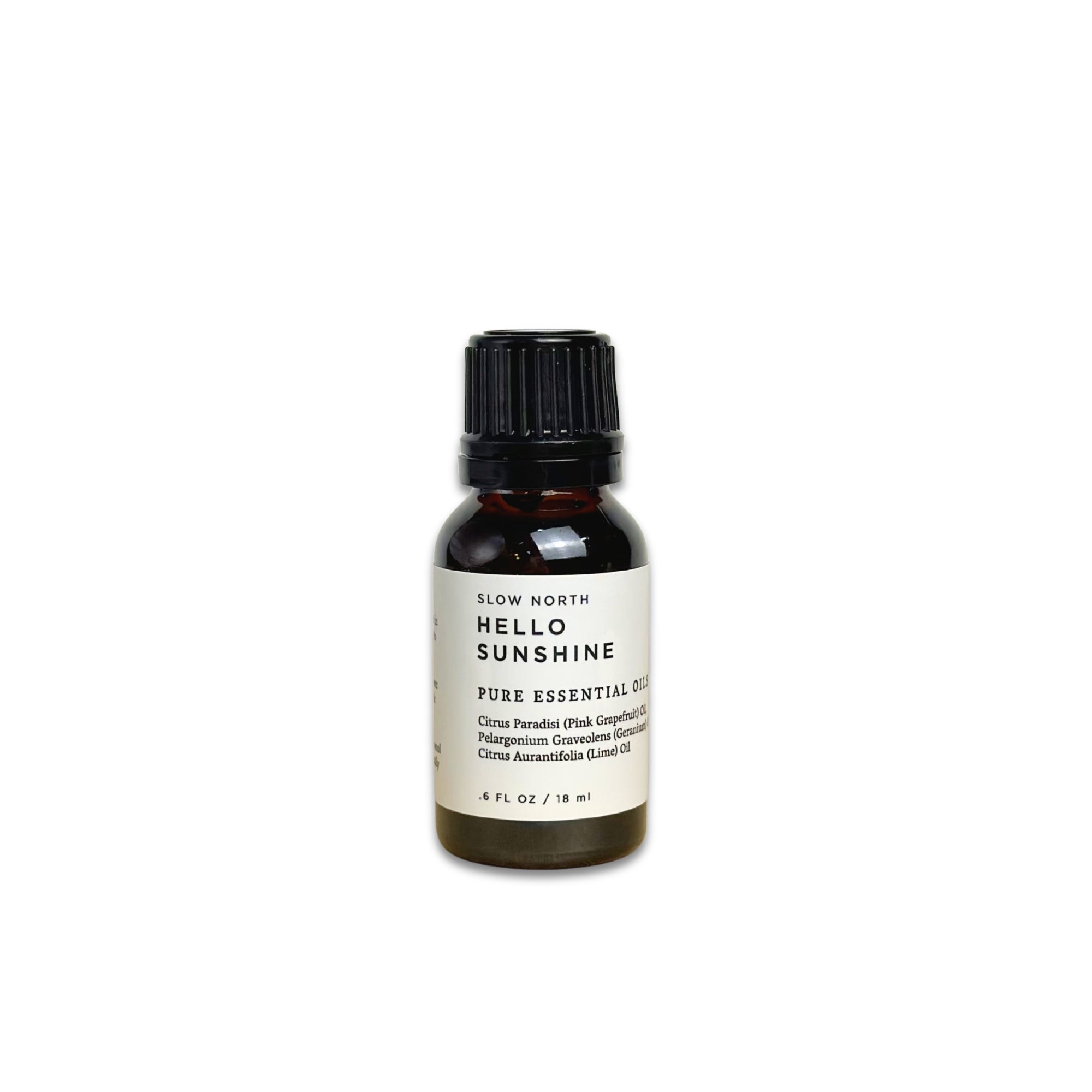 Bottle of 'Hello Sunshine' pure essential oil on a white background