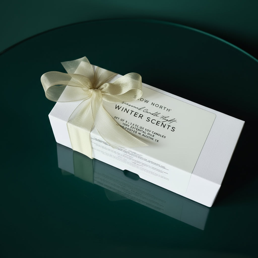 Packaged candles with a gold ribbon on a white background