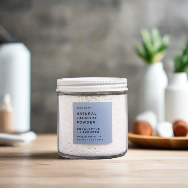 natural laundry powder eucalyptus and lavender scent in a glass jar