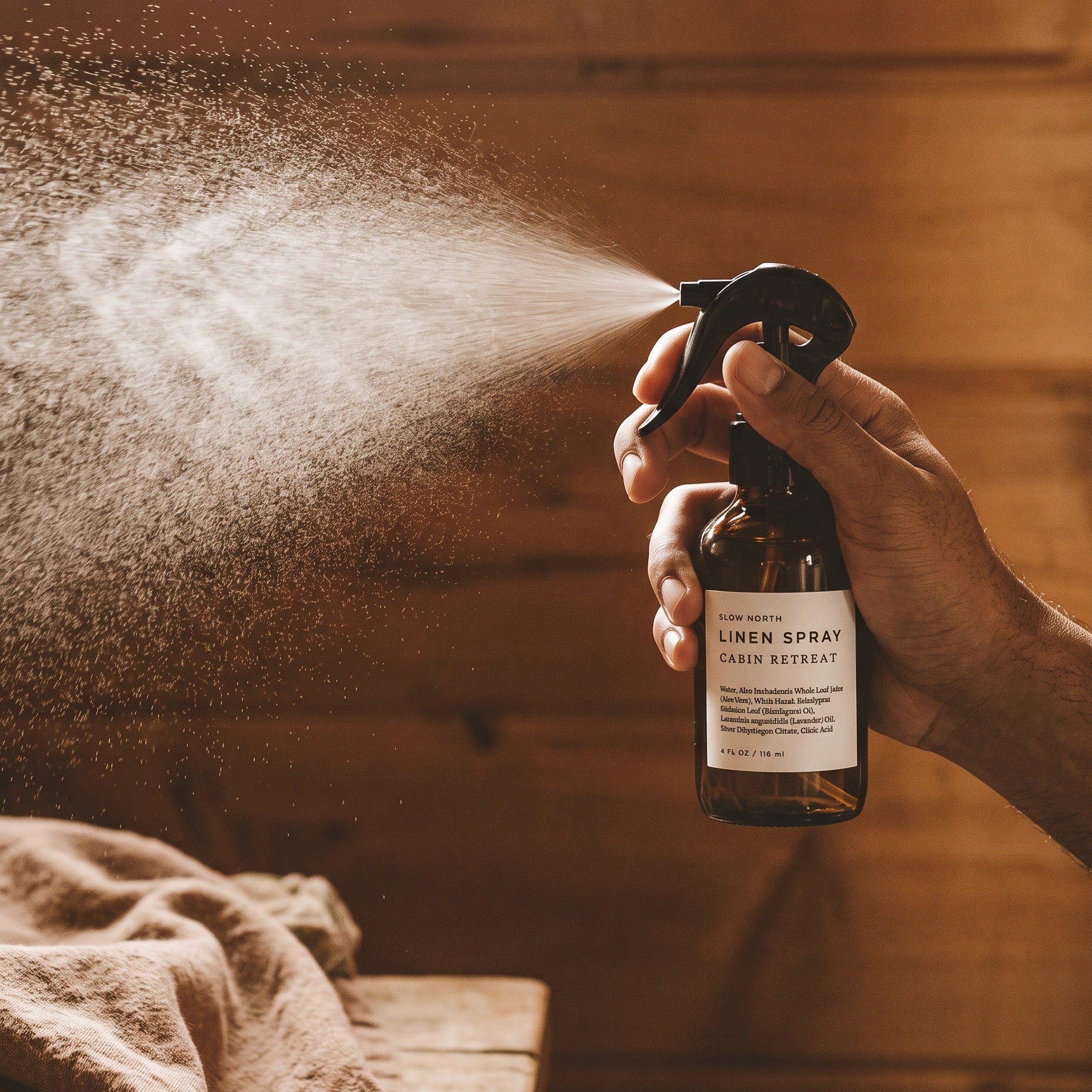 A hand holding a brown glass spray bottle labeled 'LINEN SPRAY' as it sprays a fine mist in a warm, rustic room with wooden walls.