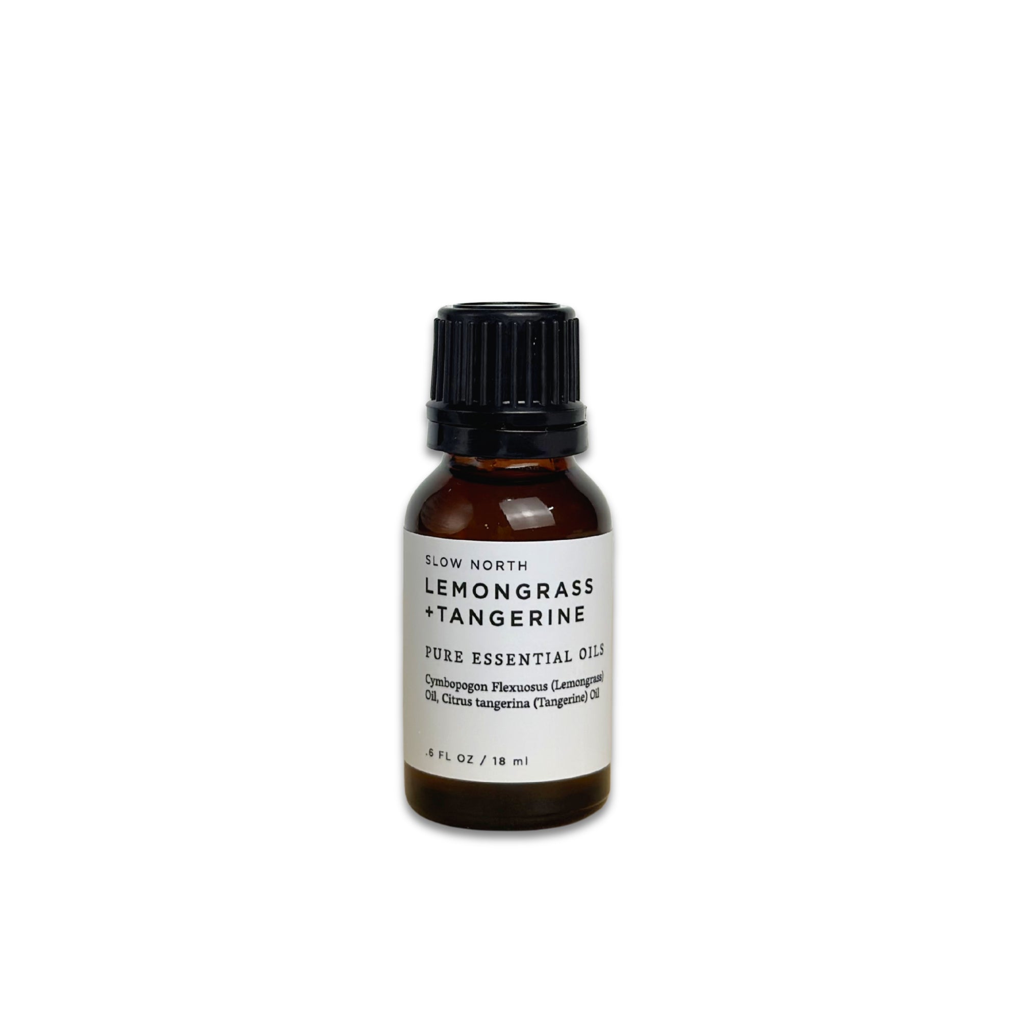Bottle of lemongrass tangerine essential oil on a white background