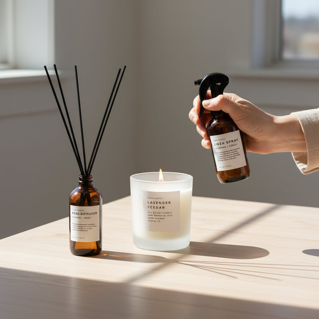 A hand holding a dark amber linen spray bottle next to a reed diffuser bottle with long black reeds and a frosted candle jar in a natural background. All three items have white labels with black text, including Slow North Lavender + Cedar.