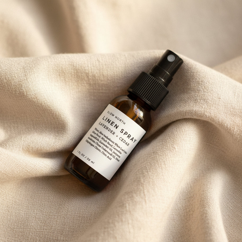 Brown spray bottle labeled 'Linen Spray' with lavender and cedar on a white background