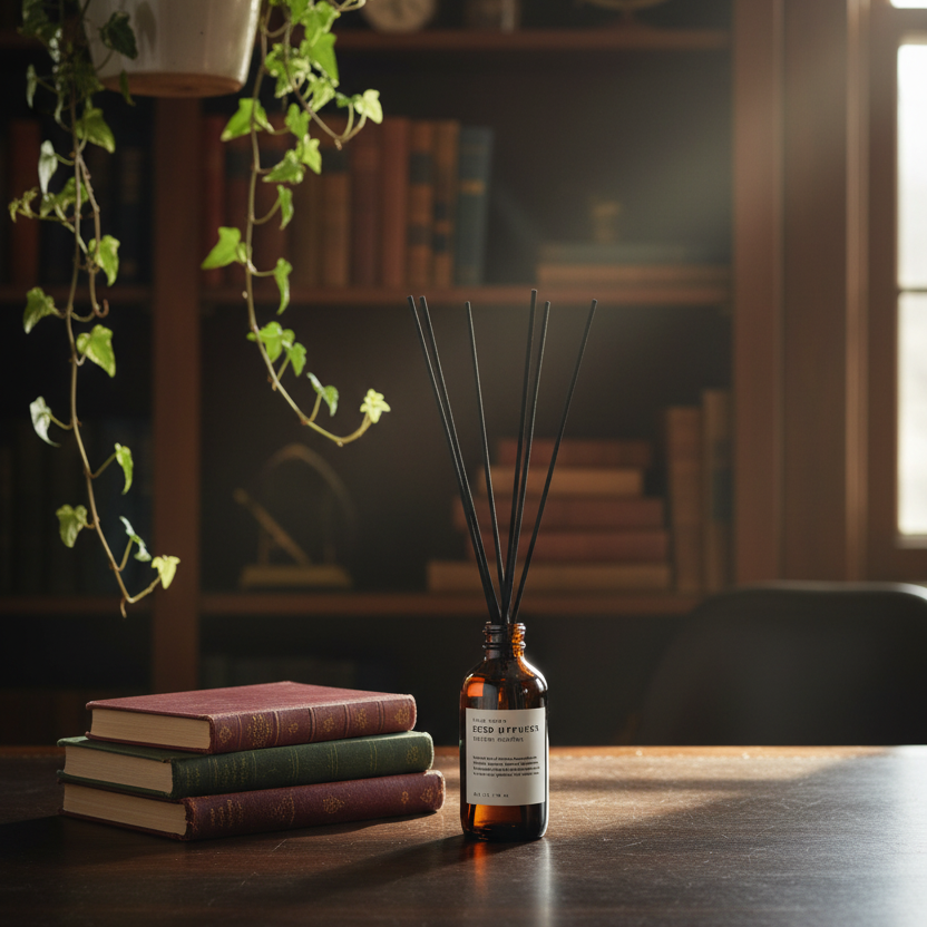 Reed diffuser with black sticks in a moody study