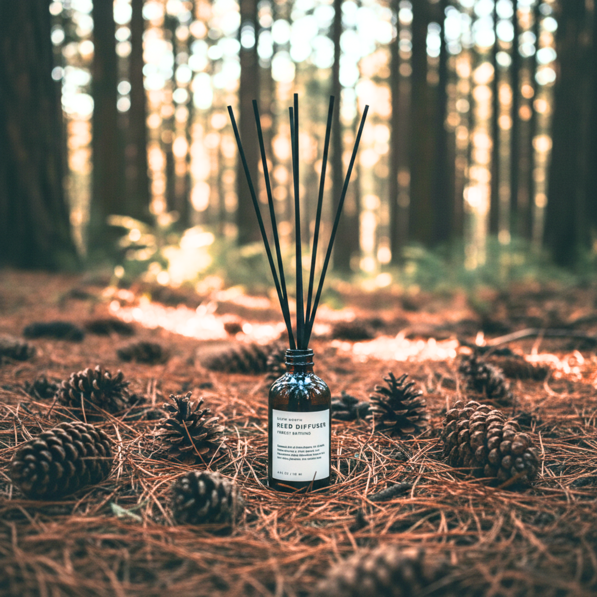 Reed diffuser surrounded by pine cones and needles in a forest setting