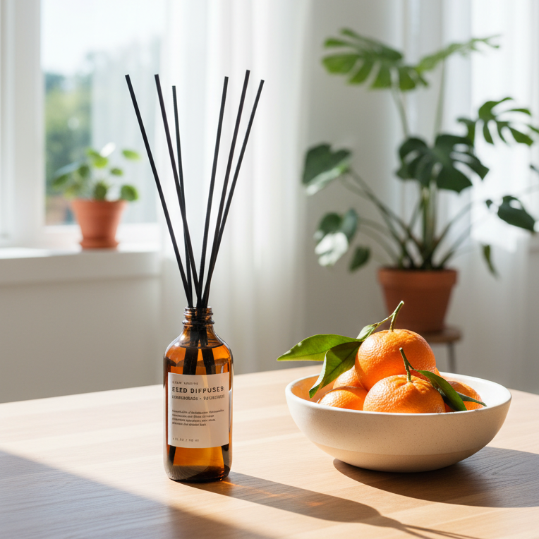 A reed diffuser set with a brown glass bottle containing rattan reeds, labeled with the scent Lemongrass + Tangerine.