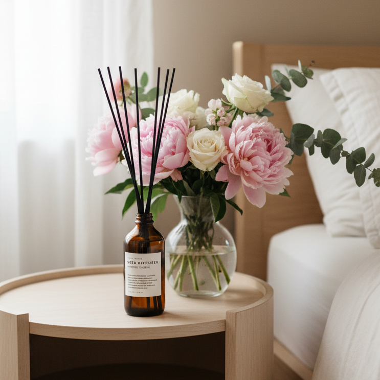 A Midnight Garden Reed Diffuser on a nightstand next to flowers in a vase