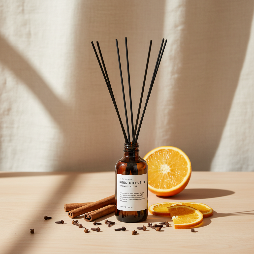 Reed diffuser with black sticks next to oranges, cloves and cinnamon sticks
