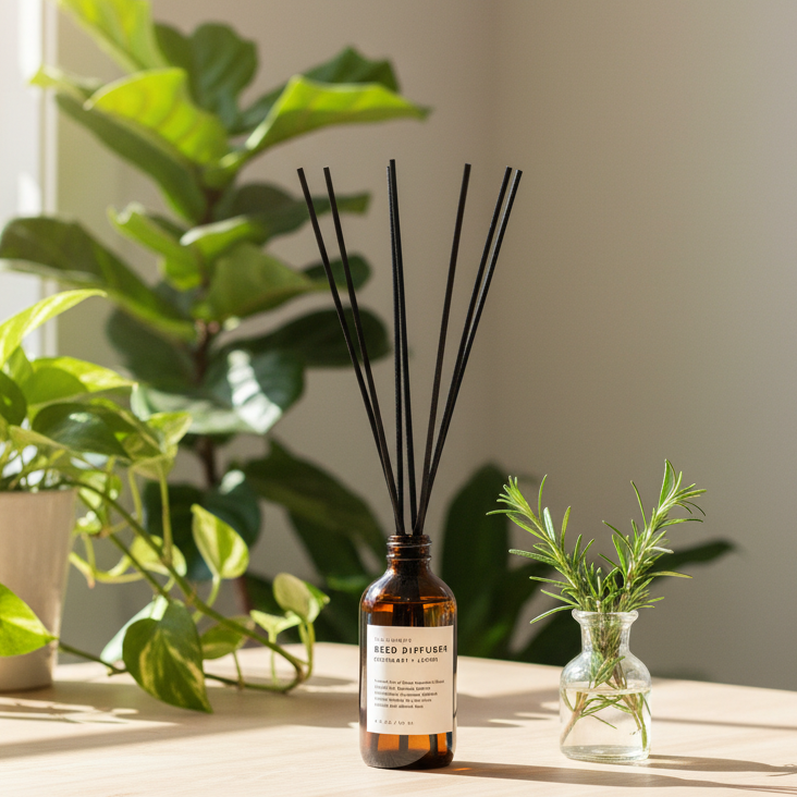Reed diffuser with black sticks in an amber bottle on wooden desk with houseplants