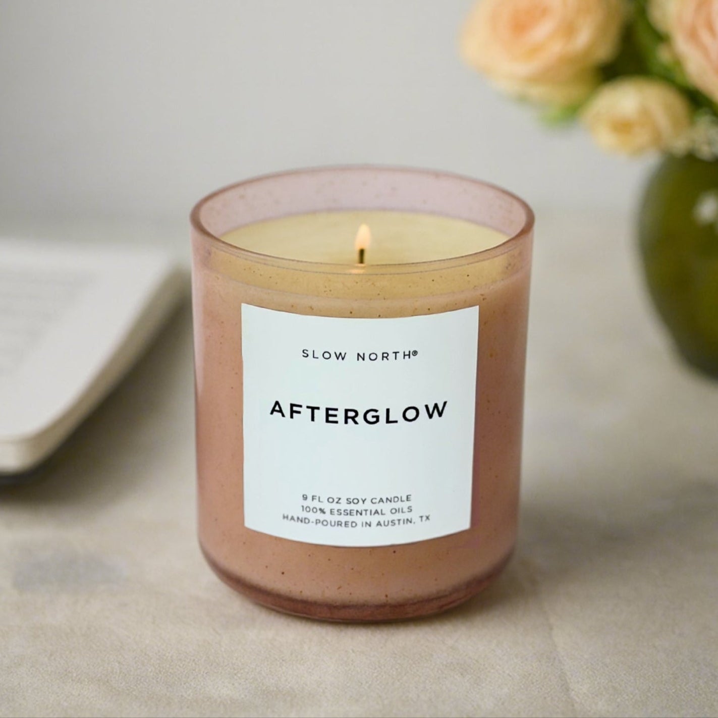 Pink Soy Candle with Flowers in a Vase