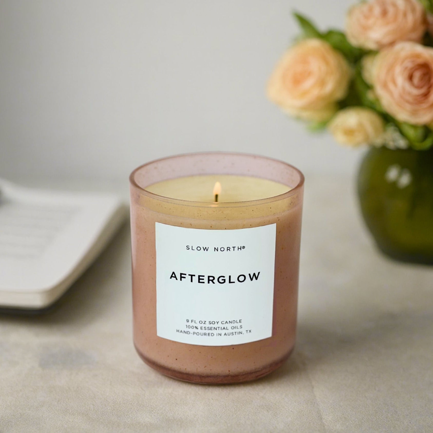 Pink Soy Candle with Flowers in a Vase