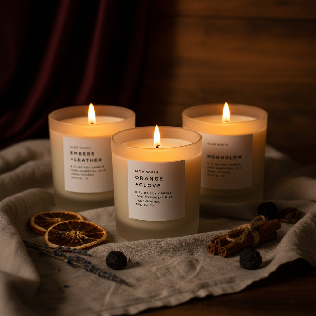 Three lit candles with labels on a white background, featuring the text 'Warm + Comforting'.