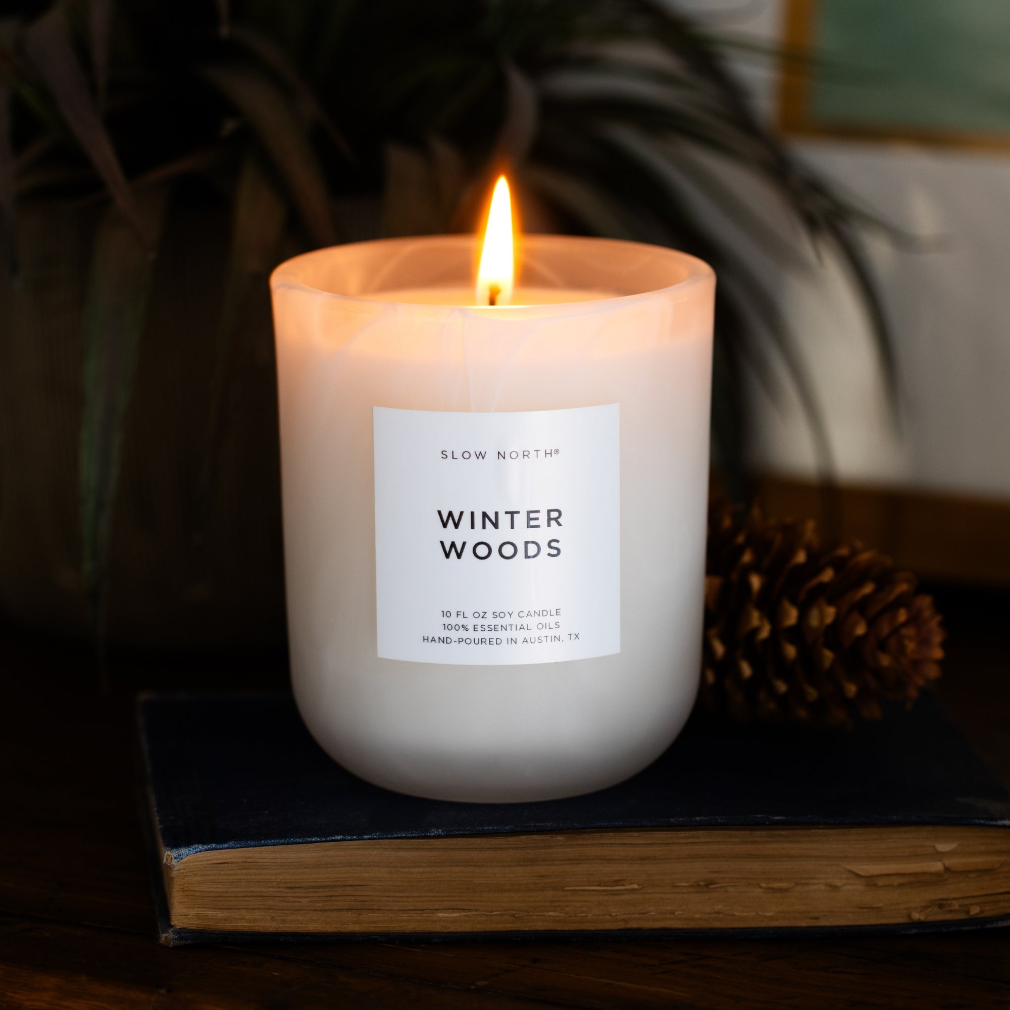 Candle labeled 'Winter Woods' on a surface with a blurred background