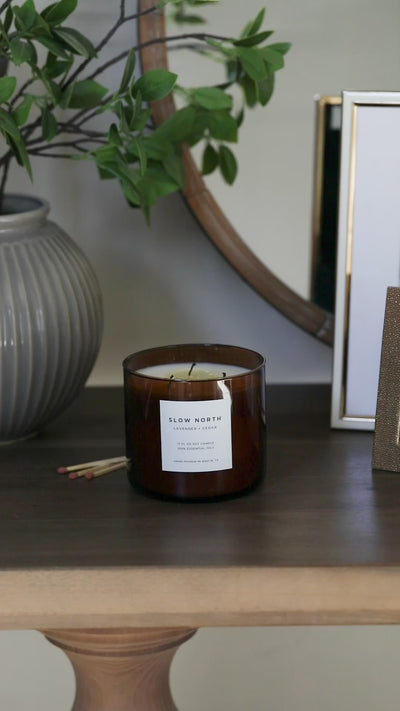 LIGHTING a large 3-wick candle by slow north