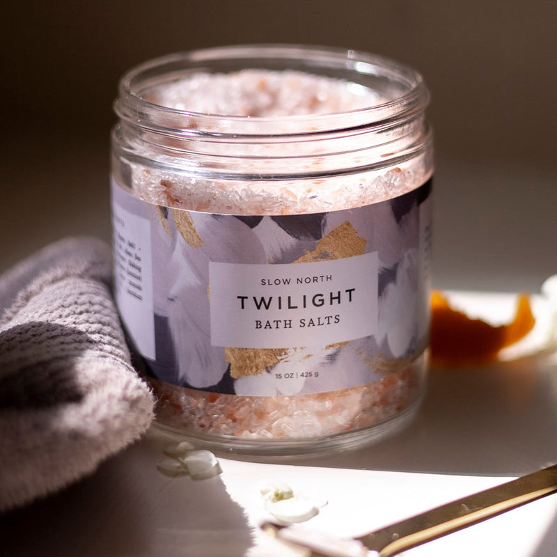 purple bath salts in clear jar, twlight by slow north