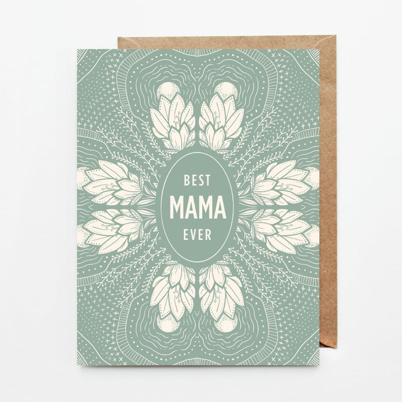 Sea-foam green with floral design Hand drawn 4.25" x 5.5" print greeting card. Best Mama Ever Card by Slow North