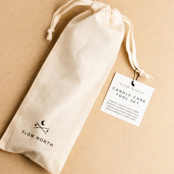 Candle Care Tool Set in white canvas bag by Slow North