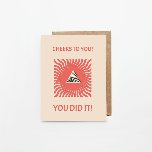 Tan background and red  square and open triangle graphic. Hand drawn 4.25" x 5.5" print greeting card. Cheers to You Card by Slow North