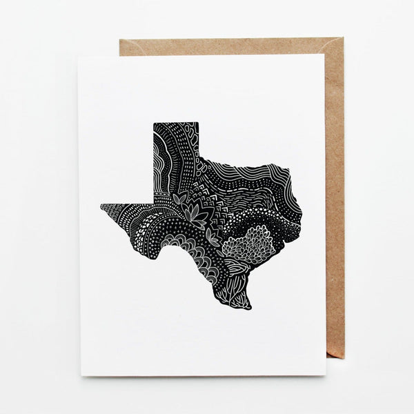 Black Texas drawing on white background. Hand drawn 4.25" x 5.5" print greeting card. Everyday Texas - Card by Slow North