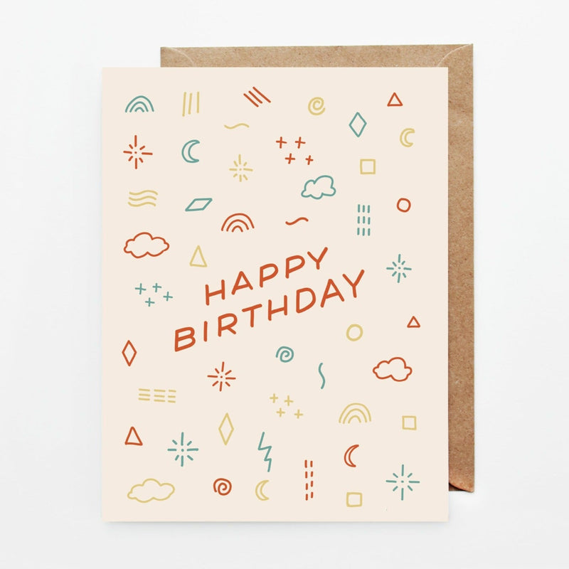 Multicolor doodle graphic on tan background. Hand drawn 4.25" x 5.5" print greeting card. Happy Birthday Doodles Card by Slow North