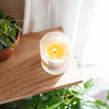 Overhead a lit soy wax candle in 8 ounce clear frosted tumbler on a shelf. By Slow North