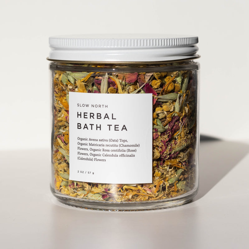 Herbal Bath Tea 2 ounce in glass jar with white lid. Dried herbs for bath made by Slow North
