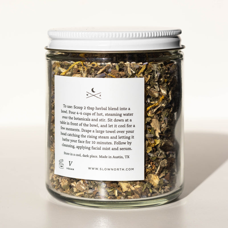 Herbal Facial Steam - 1.25 ounce in clear glass jar with white lid. By Slow North