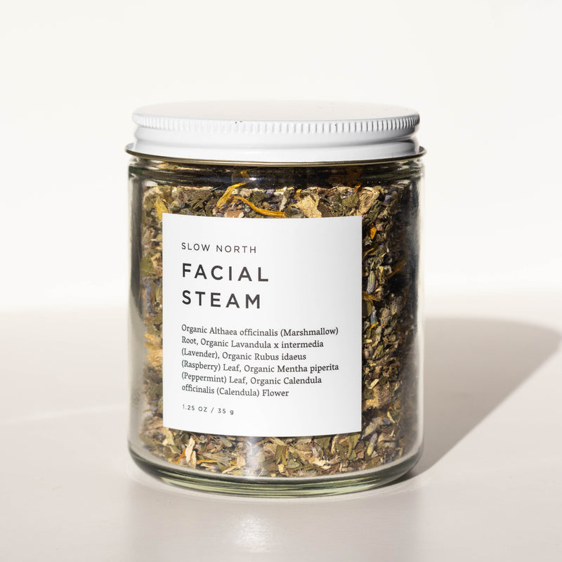 Herbal Facial Steam - 1.25 ounce in clear glass jar with white lid. By Slow North