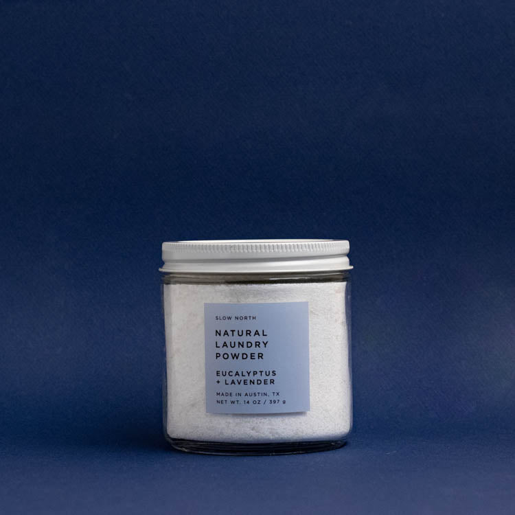 Laundry Powder - Eucalyptus + Lavender in clear 14 ounce glass jar with white lid by Slow North