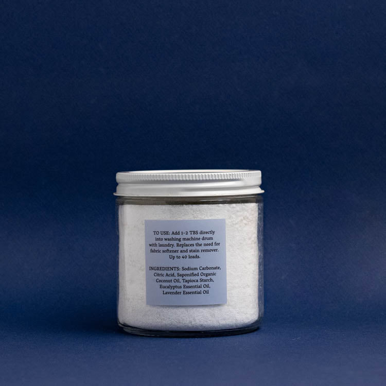 Laundry Powder - Eucalyptus + Lavender in clear 14 ounce glass jar with white lid by Slow North