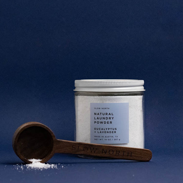 Laundry Powder - Eucalyptus + Lavender in clear 14 ounce glass jar with white lid by Slow North