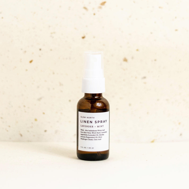 Mini Linen Spray - Lavender + Mint in 1 ounce amber bottle by Slow North
