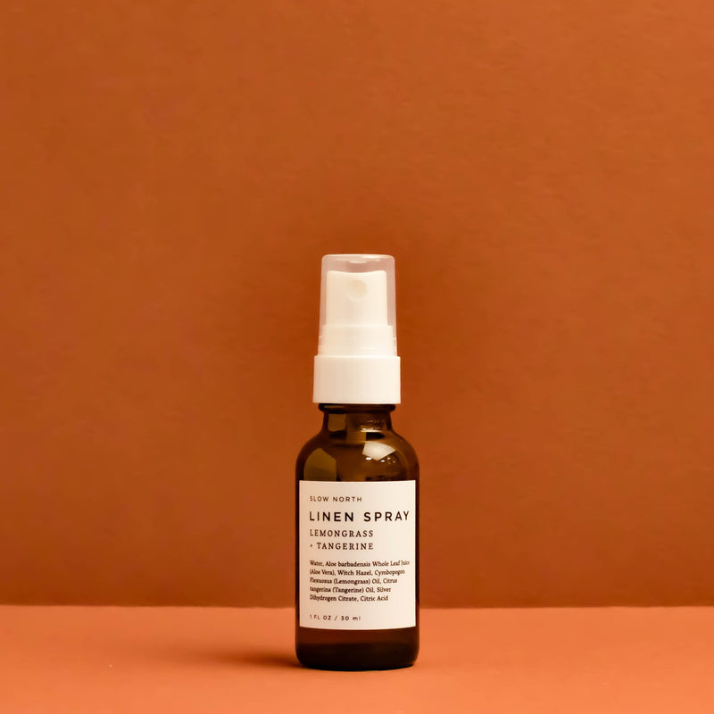 Mini Linen Spray - Lemongrass + Tangerine in 1 ounce amber bottle by Slow North