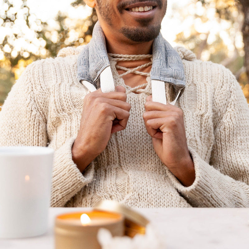 Man with Neck Wrap - Haystack pattern around neck. Made by Slow North