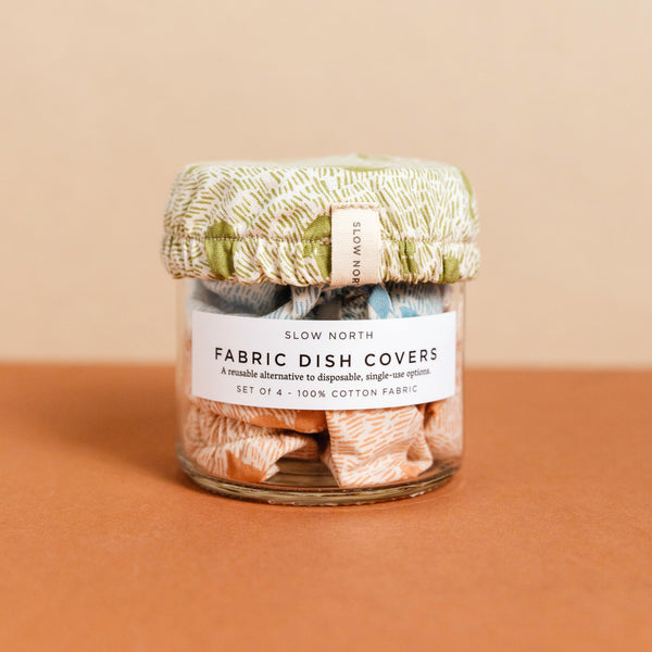 Reusable Fabric Dish Covers (Set of 4) in clear glass jar by Slow North