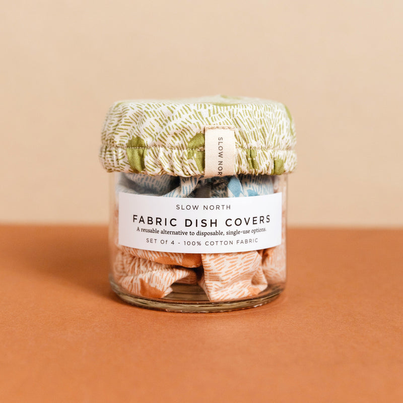 Reusable Fabric Dish Covers (Set of 4) in clear glass jar by Slow North