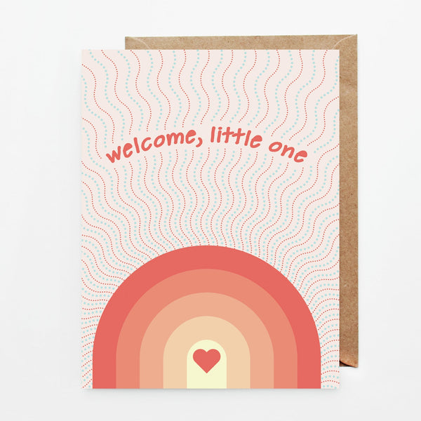 Yellow to orange hue rainbow and multicolor dot graphic. Hand drawn 4.25" x 5.5" print greeting card. Welcome, Little One Card by Slow North